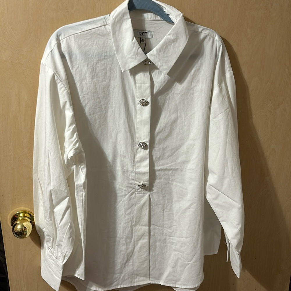 Oat New York White Blouse with Jewel Encrusted Buttons Size X-Large NWT